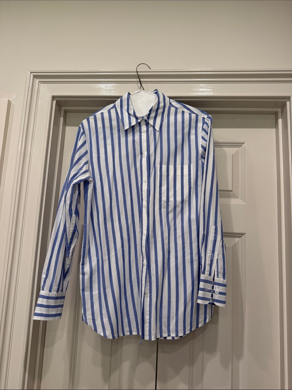 Blue & White Vertical Stripe women’s Button-Up Shirt